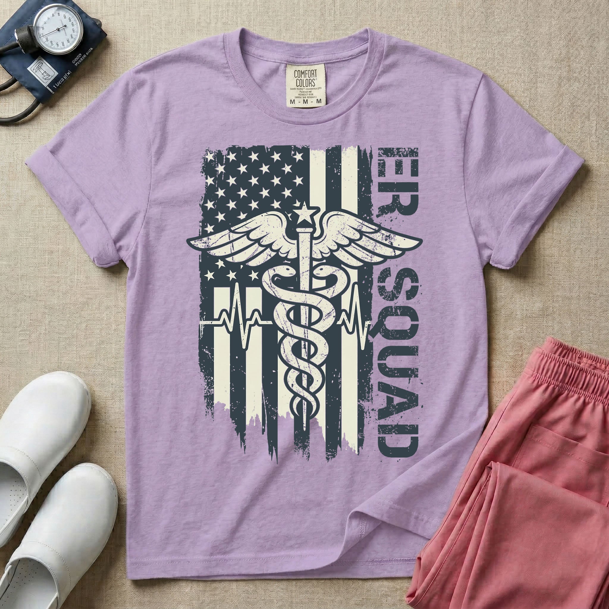 Patriotic ER Squad Caduceus American Flag Emergency Room Nurse T-Shirt