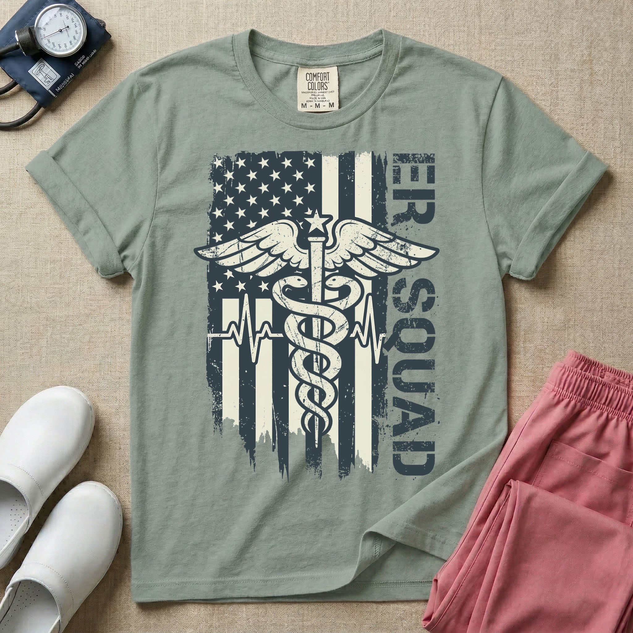 Patriotic ER Squad Caduceus American Flag Emergency Room Nurse T-Shirt