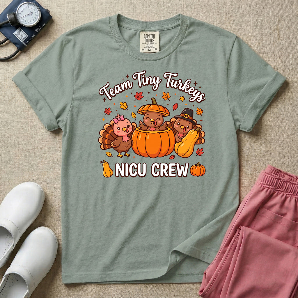 Team Tiny Turkeys NICU Crew Fall Thanksgiving T-Shirt-T-Shirt-HugTee