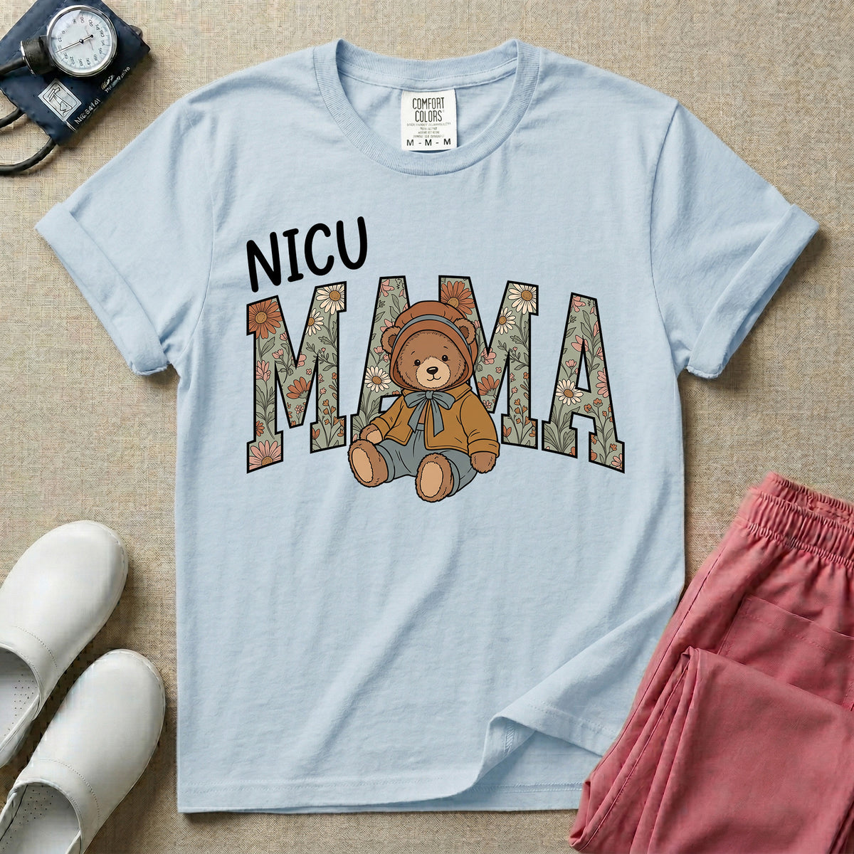 NICU Mama Floral Bear Cute NICU Nurse T-Shirt-T-Shirt-HugTee