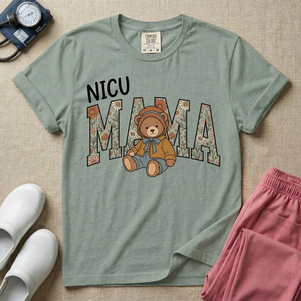 NICU Mama Floral Bear Cute NICU Nurse T-Shirt-T-Shirt-HugTee