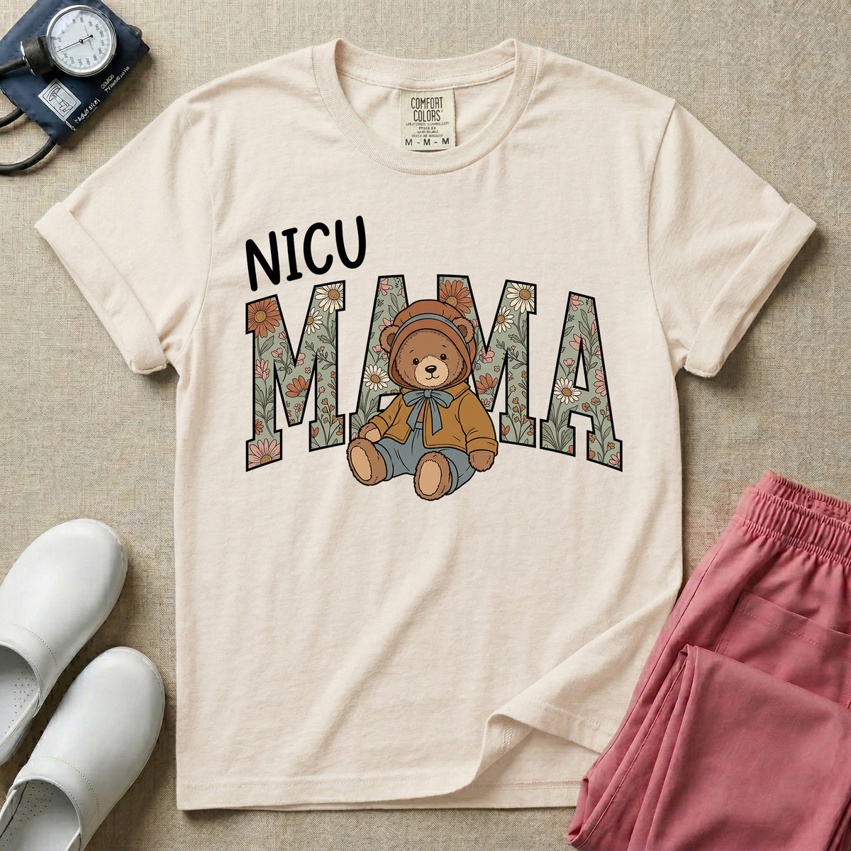 NICU Mama Floral Bear Cute NICU Nurse T-Shirt-T-Shirt-HugTee