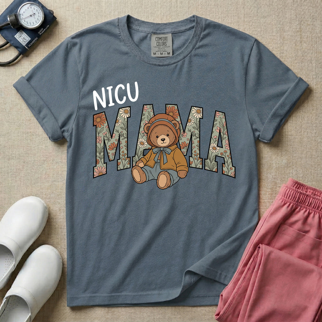 NICU Mama Floral Bear Cute NICU Nurse T-Shirt-T-Shirt-HugTee