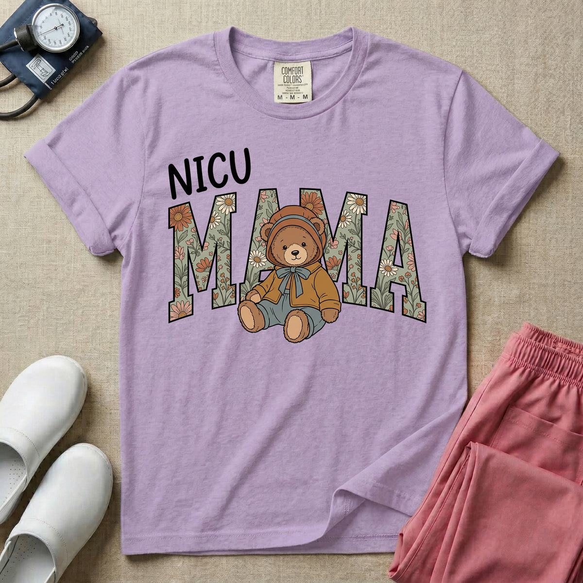 NICU Mama Floral Bear Cute NICU Nurse T-Shirt-T-Shirt-HugTee