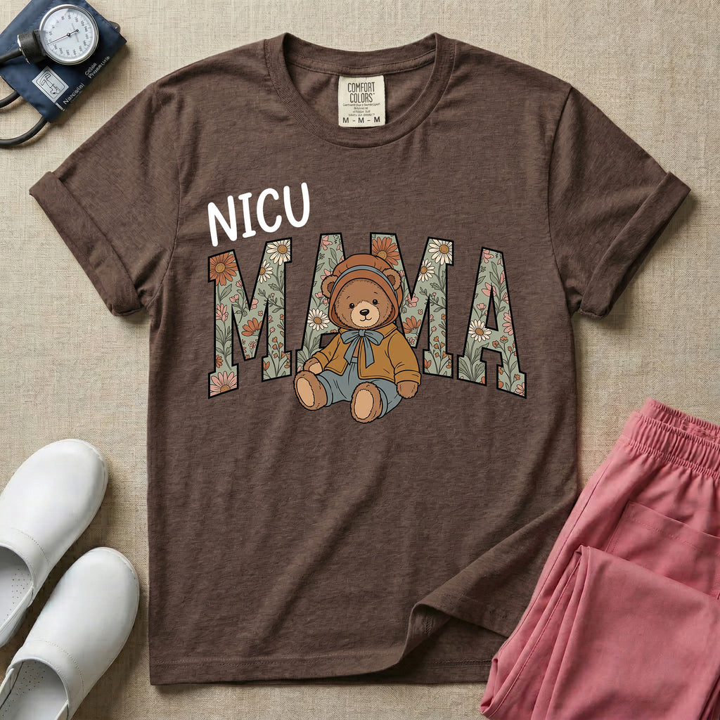 NICU Mama Floral Bear Cute NICU Nurse T-Shirt-T-Shirt-HugTee