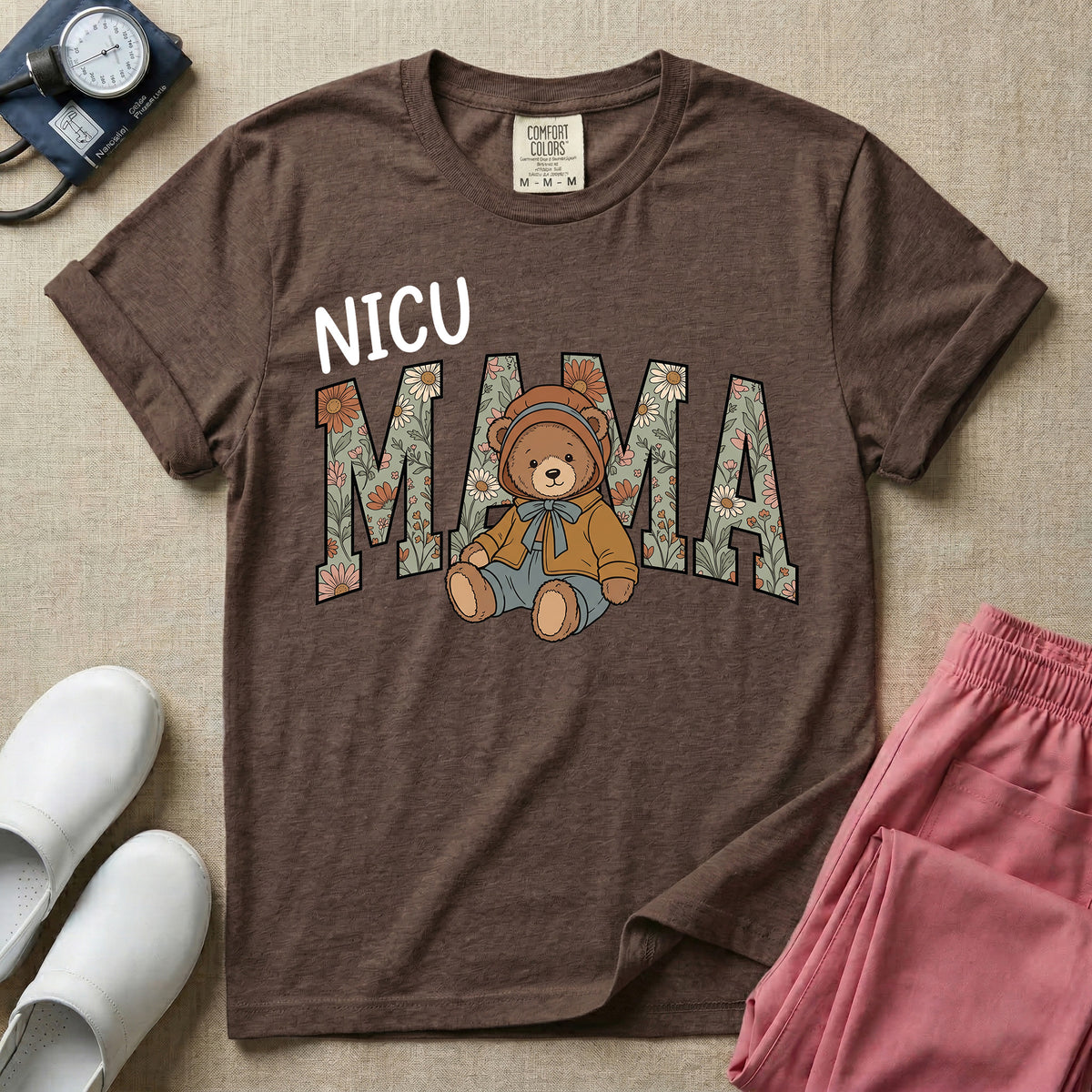 NICU Mama Floral Bear Cute NICU Nurse T-Shirt-T-Shirt-HugTee
