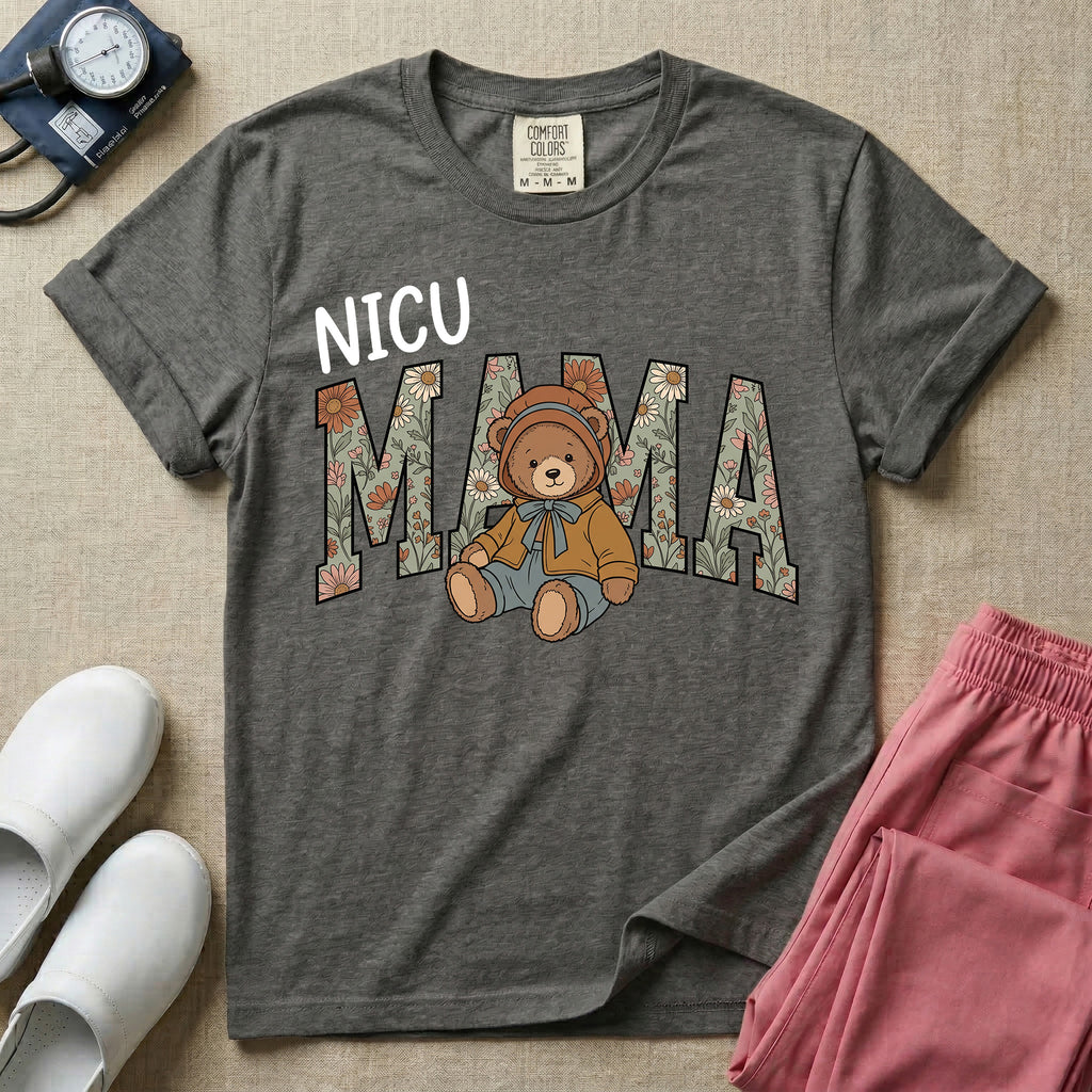NICU Mama Floral Bear Cute NICU Nurse T-Shirt-T-Shirt-HugTee