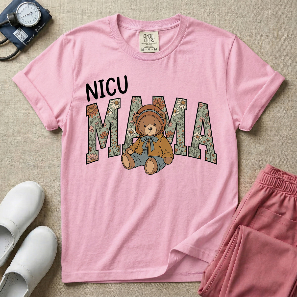 NICU Mama Floral Bear Cute NICU Nurse T-Shirt-T-Shirt-HugTee