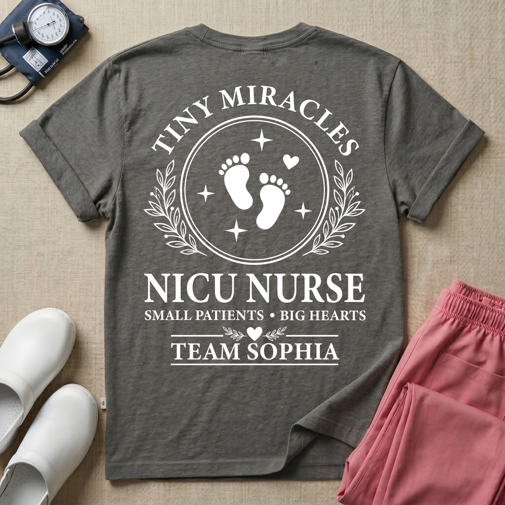 Personalized NICU Nurse Tiny Miracles Team Name Two-Sided T-Shirt-T-Shirt-HugTee