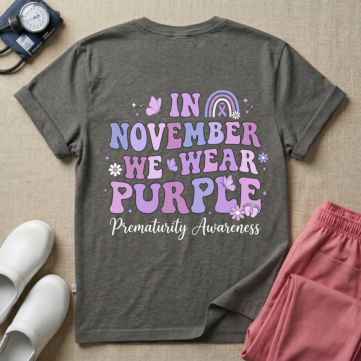 NICU Nurse In November We Wear Purple Prematurity Awareness Two-Sided T-Shirt-T-Shirt-HugTee
