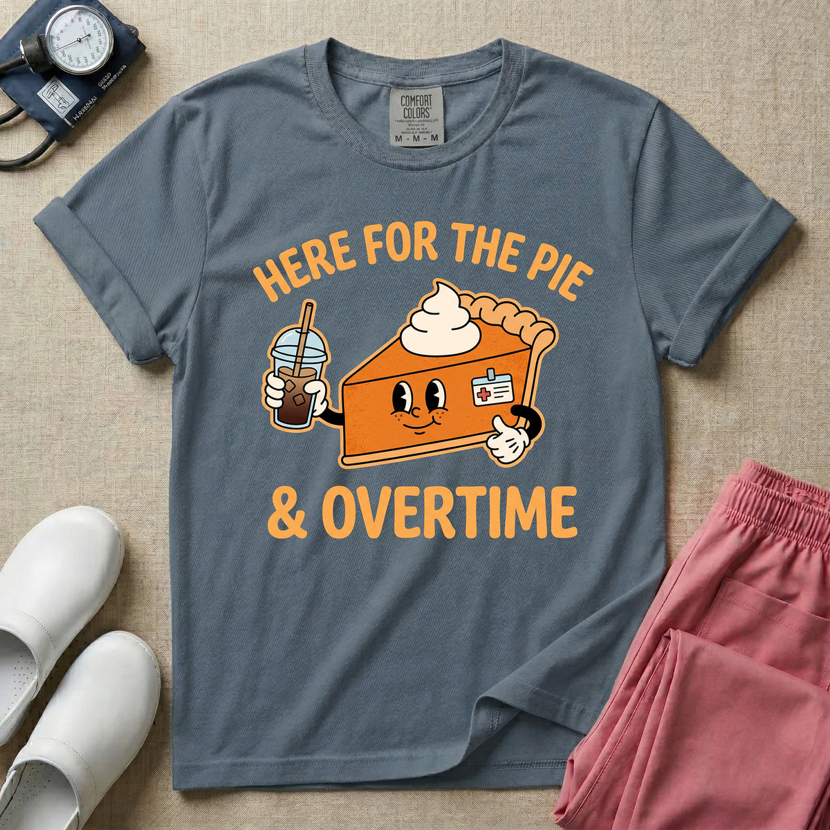 Here For The Pie & Overtime Cute Fall Thanksgiving T-Shirt