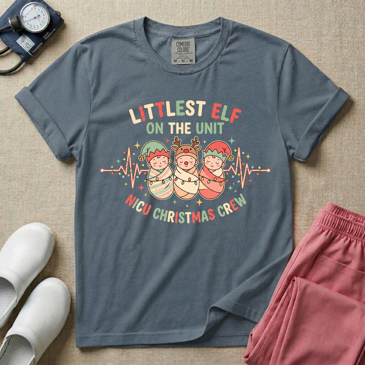 Littlest Elf On The Unit NICU Christmas Crew T-Shirt