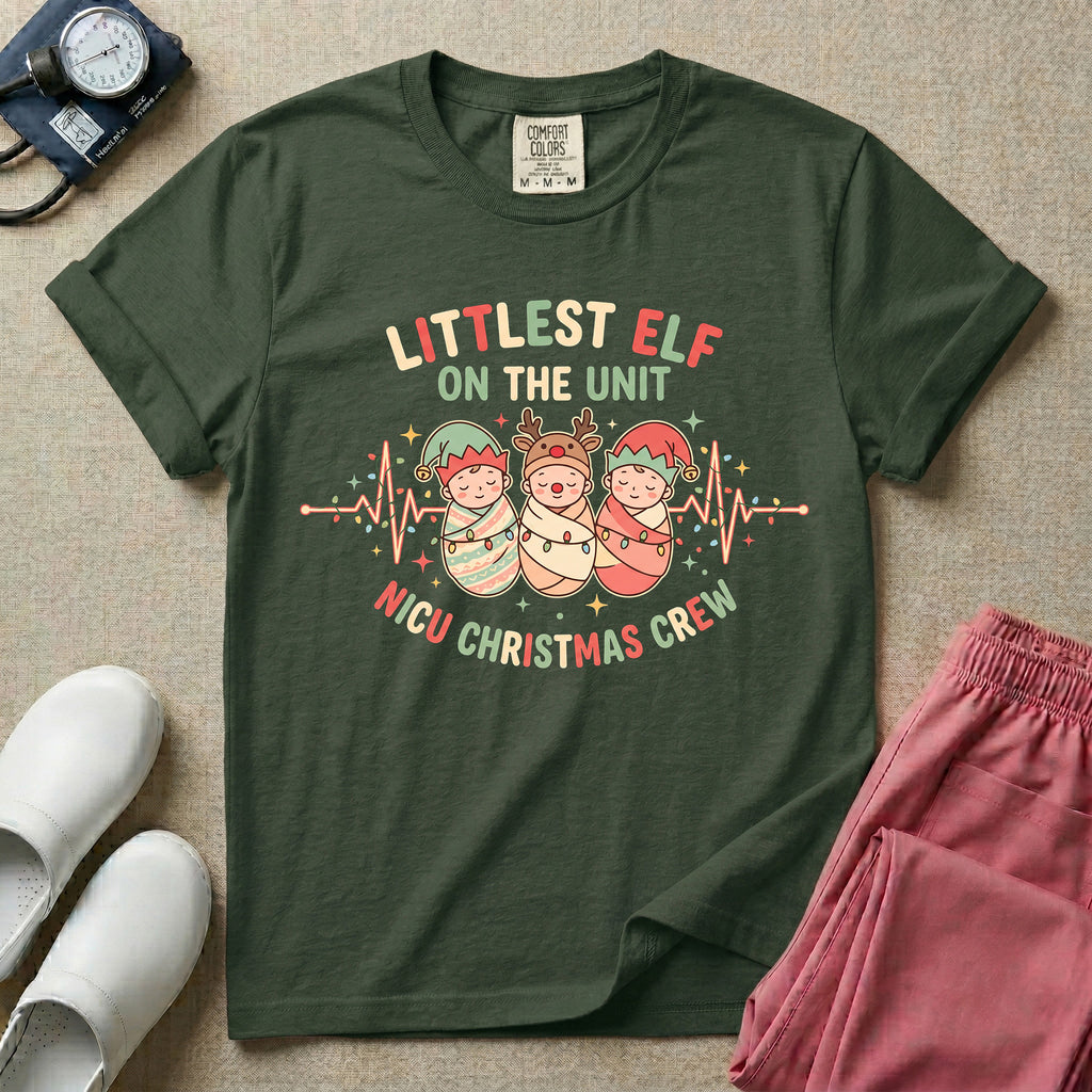 Littlest Elf On The Unit NICU Christmas Crew T-Shirt