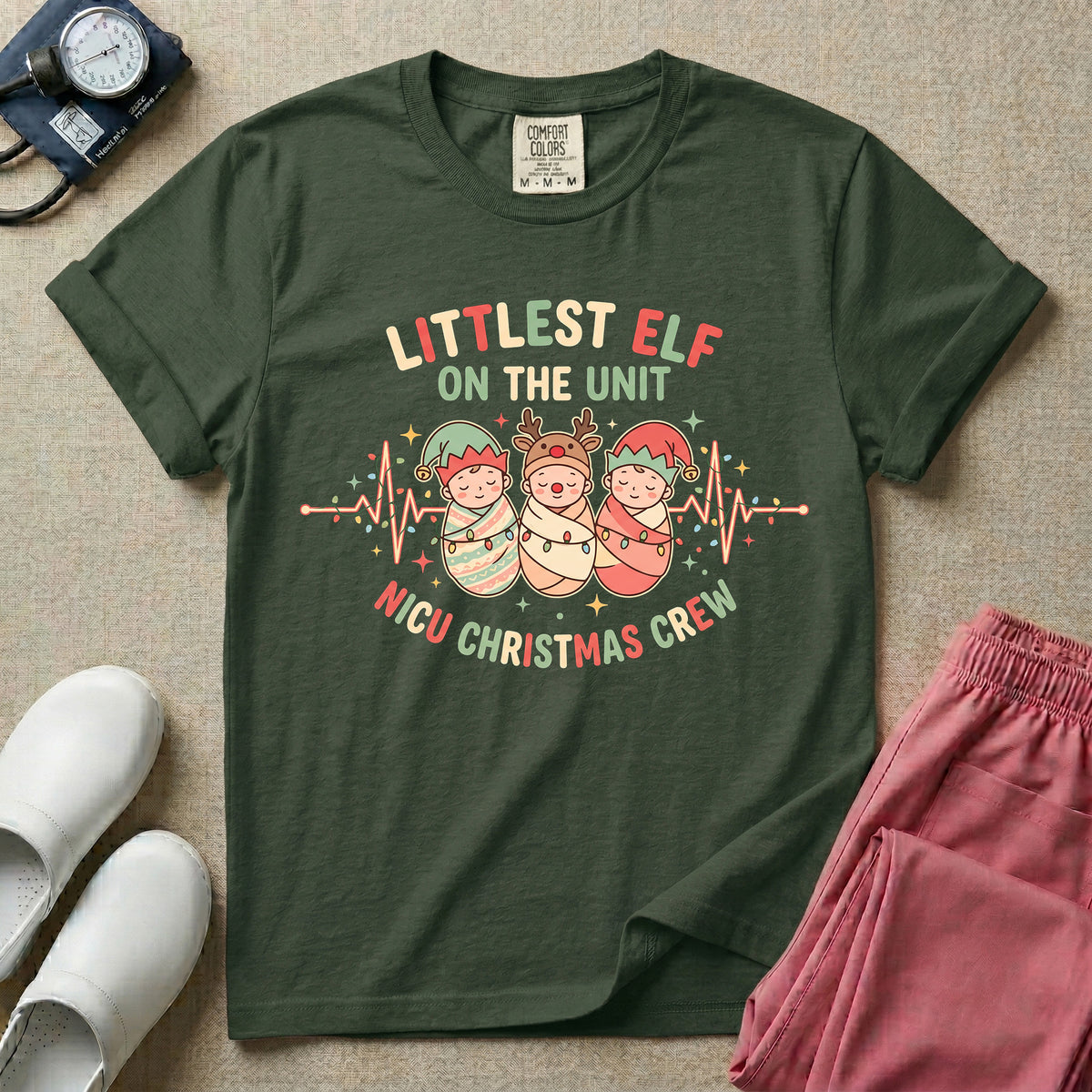 Littlest Elf On The Unit NICU Christmas Crew T-Shirt