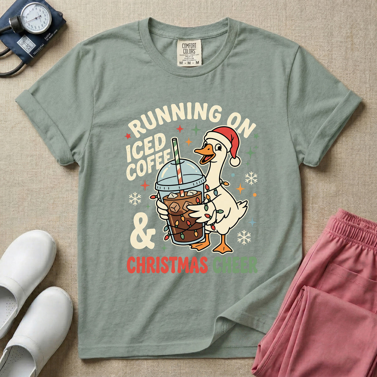 Running On Iced Coffee & Christmas Cheer Nurse Duck T-Shirt