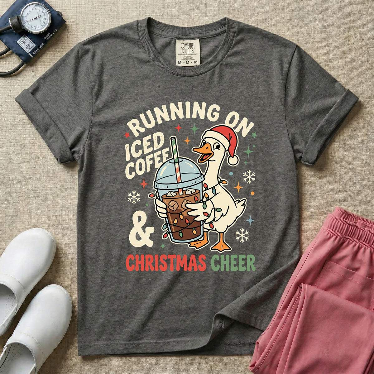 Running On Iced Coffee & Christmas Cheer Nurse Duck T-Shirt