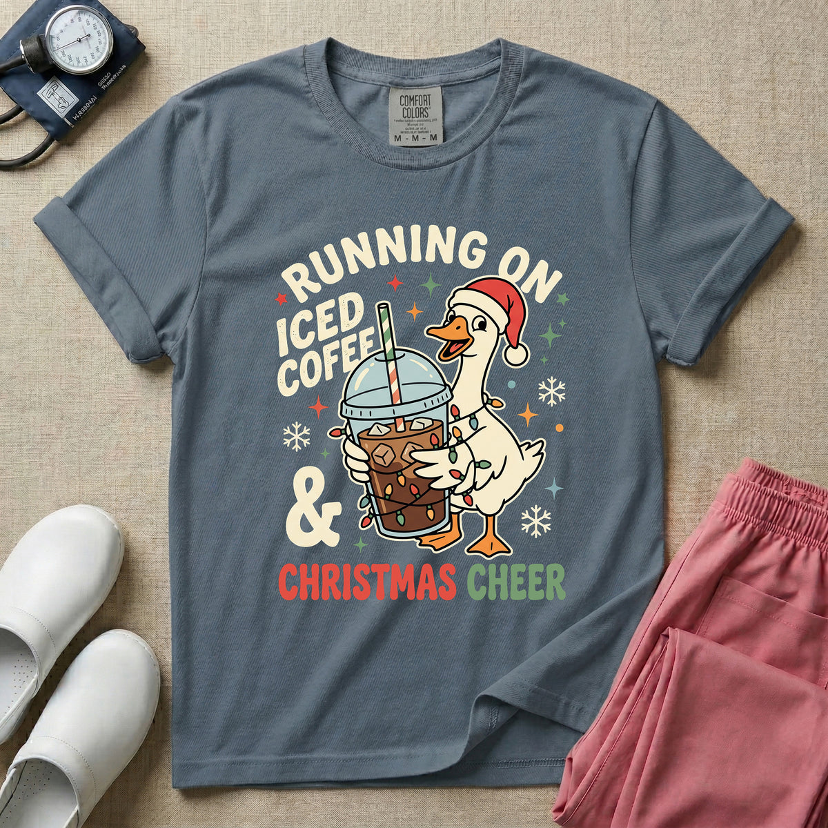 Running On Iced Coffee & Christmas Cheer Nurse Duck T-Shirt