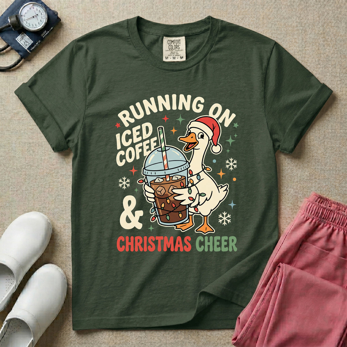 Running On Iced Coffee & Christmas Cheer Nurse Duck T-Shirt