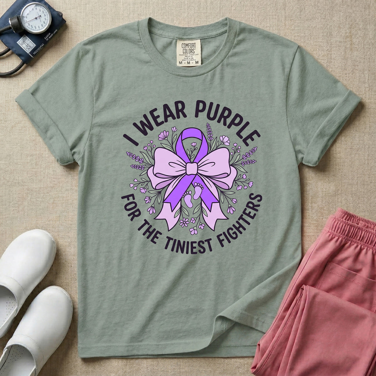 I Wear Purple For The Tiniest Fighters NICU Nurse Ribbon T-Shirt