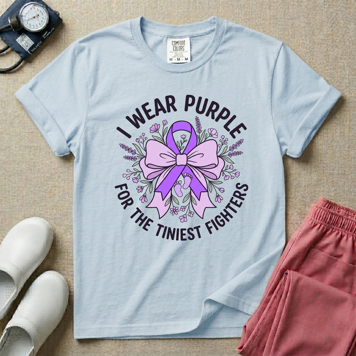 I Wear Purple For The Tiniest Fighters NICU Nurse Ribbon T-Shirt