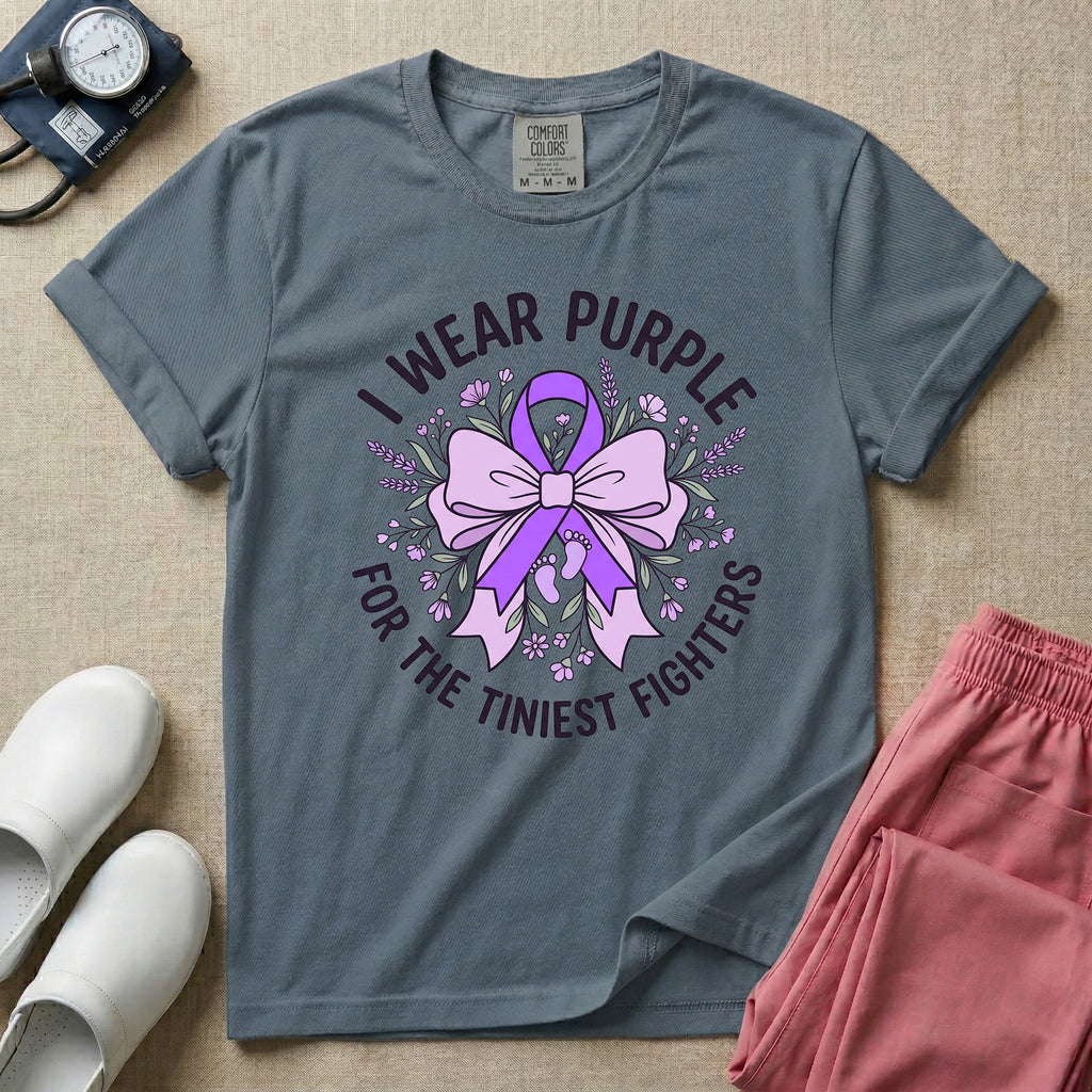 I Wear Purple For The Tiniest Fighters NICU Nurse Ribbon T-Shirt