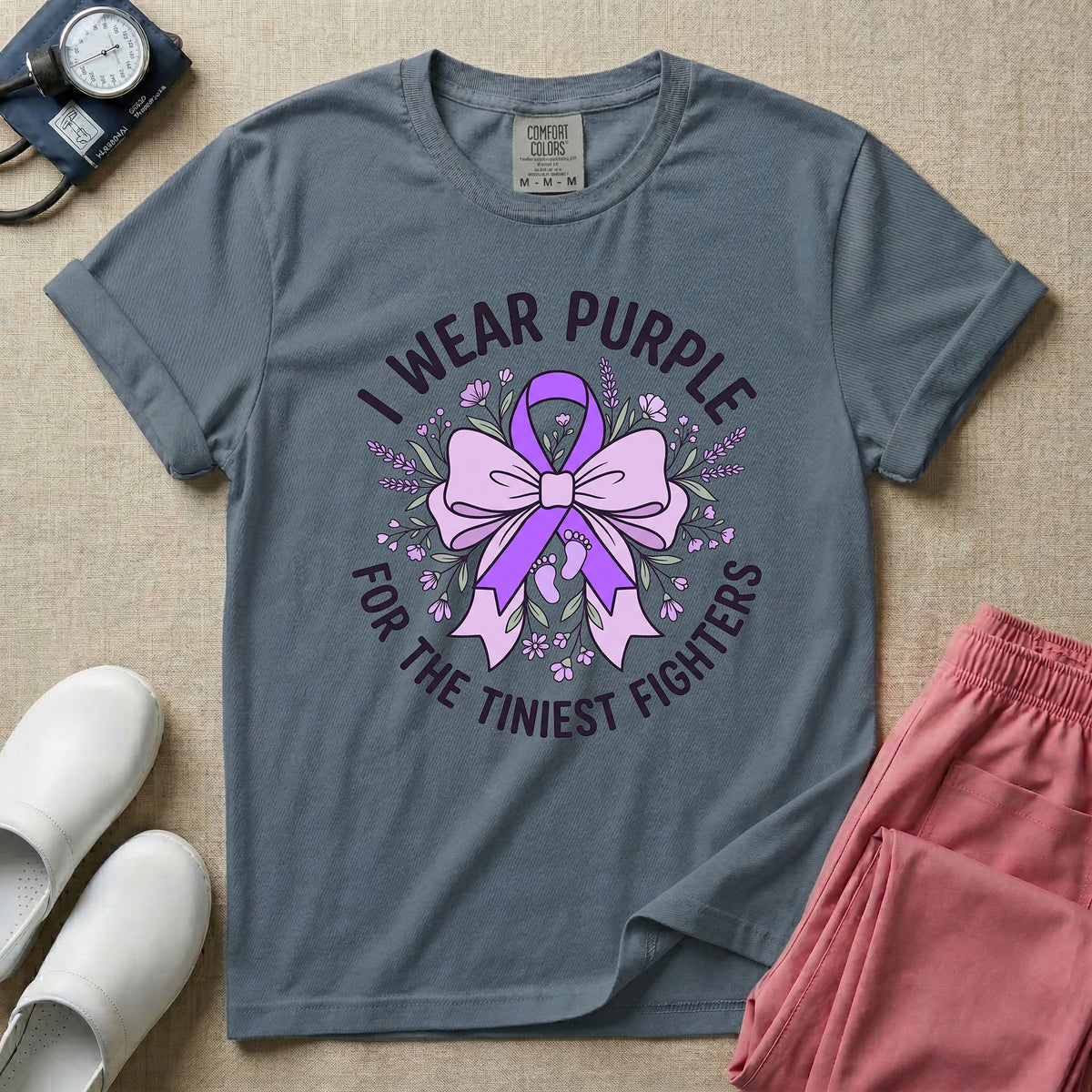 I Wear Purple For The Tiniest Fighters NICU Nurse Ribbon T-Shirt