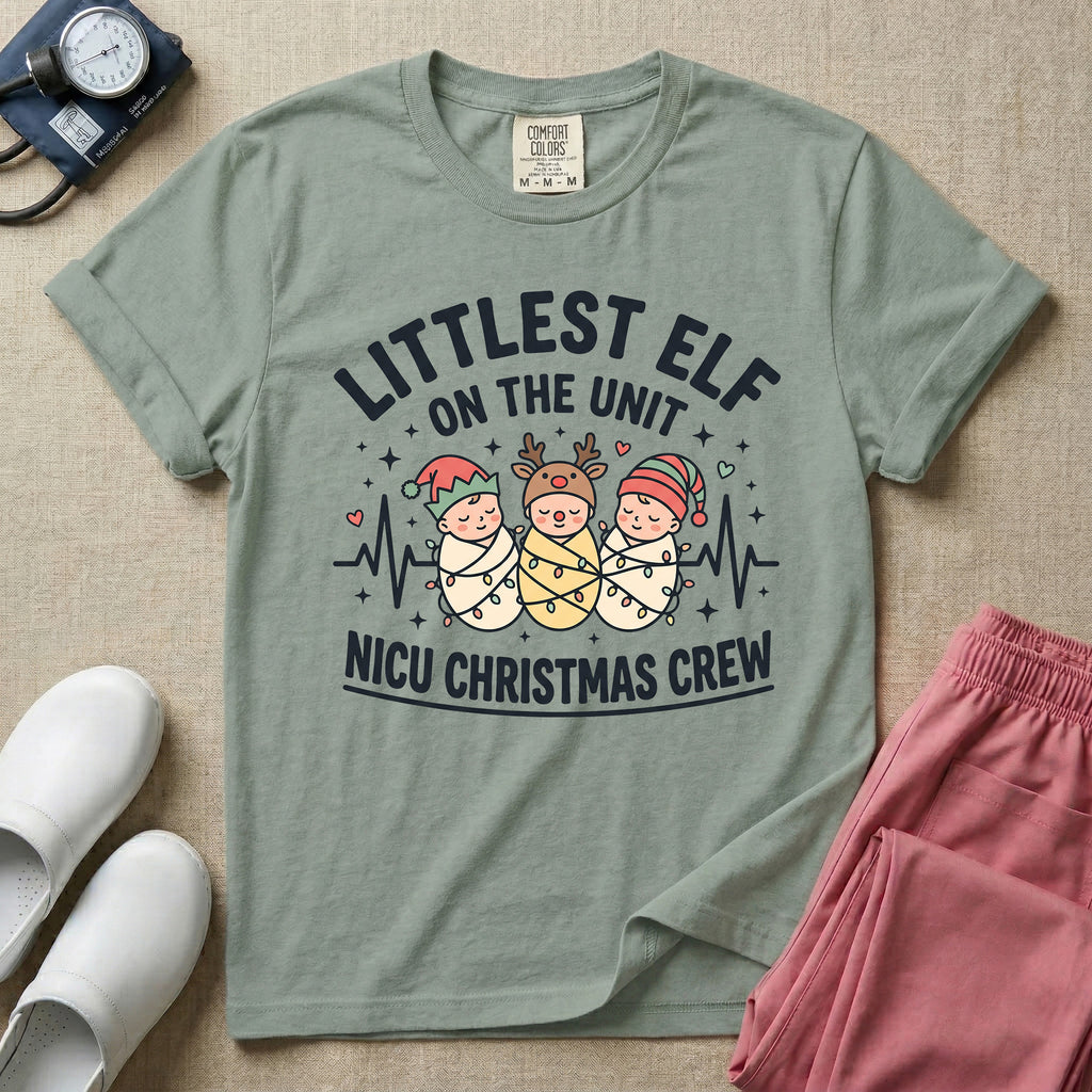 Littlest Elf On The Unit NICU Christmas Crew Cute T-Shirt