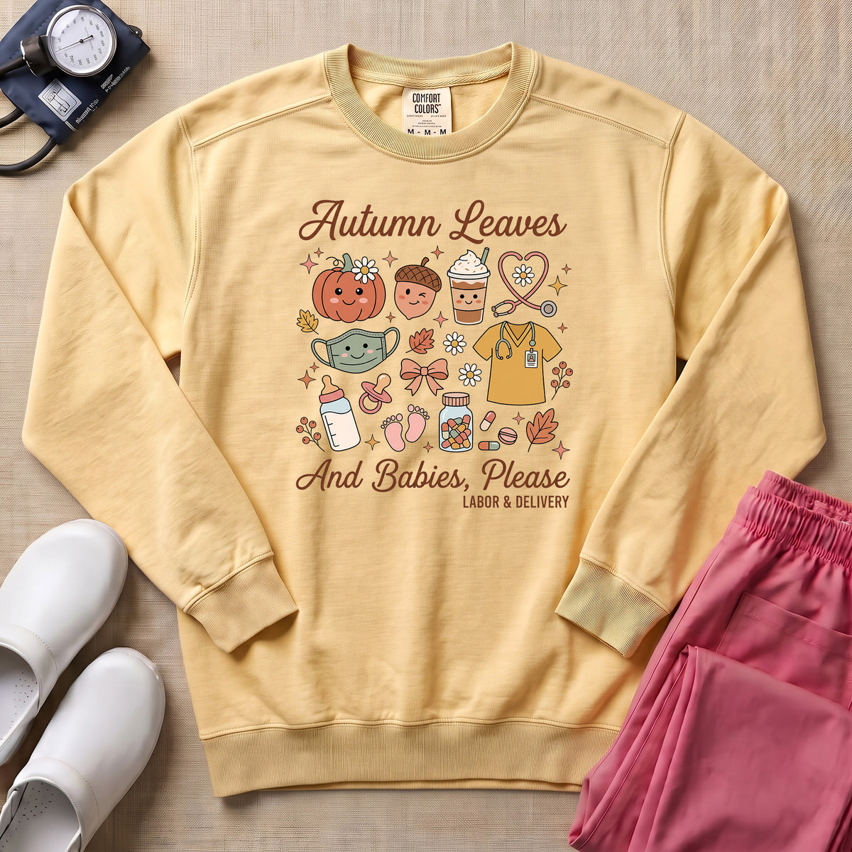 Retro Autumn Leaves And Babies Please Labor and Delivery Nurse Fall Sweatshirt - Butter Comfort Colors Sweatshirt | HugTee