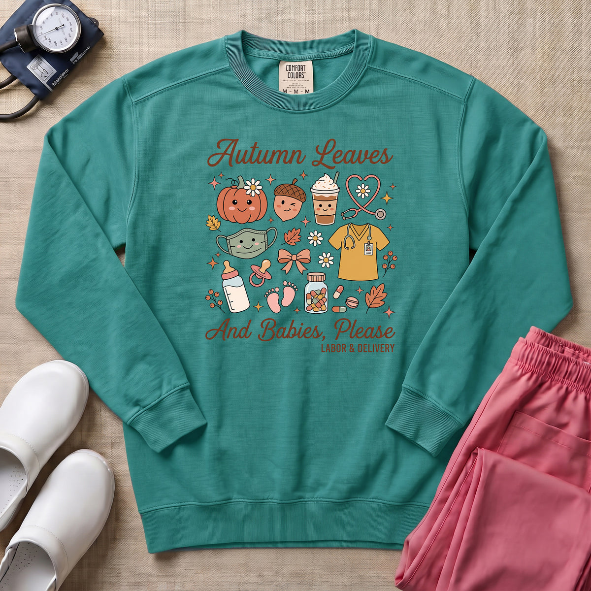 Retro Autumn Leaves And Babies Please Labor and Delivery Nurse Fall Sweatshirt - Seafoam Comfort Colors Sweatshirt | HugTee