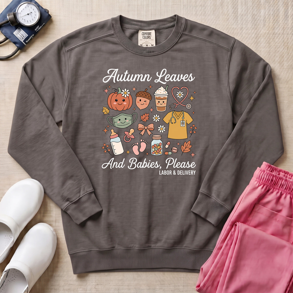 Retro Autumn Leaves And Babies Please Labor and Delivery Nurse Fall Sweatshirt - Pepper Lifestyle Hero Mockup | HugTee