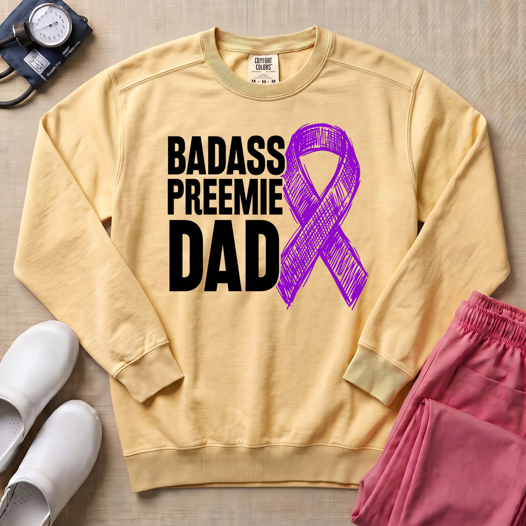 Badass Preemie Dad Purple Ribbon NICU Sweatshirt - Butter Comfort Colors Sweatshirt | HugTee