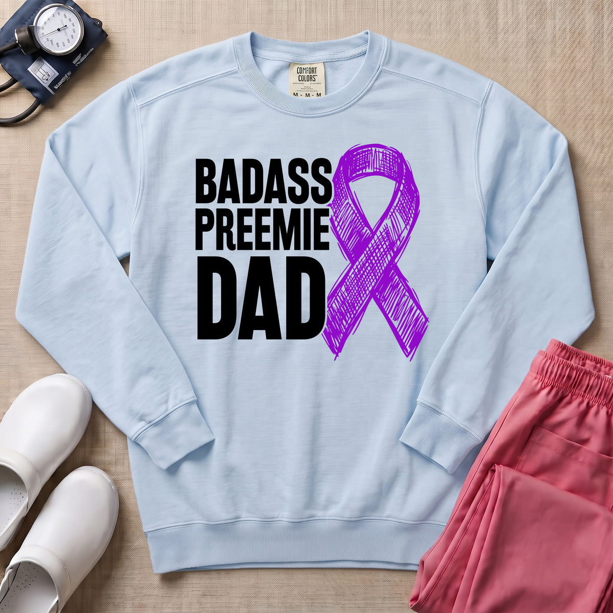 Badass Preemie Dad Purple Ribbon NICU Sweatshirt - Chambray Comfort Colors Sweatshirt | HugTee
