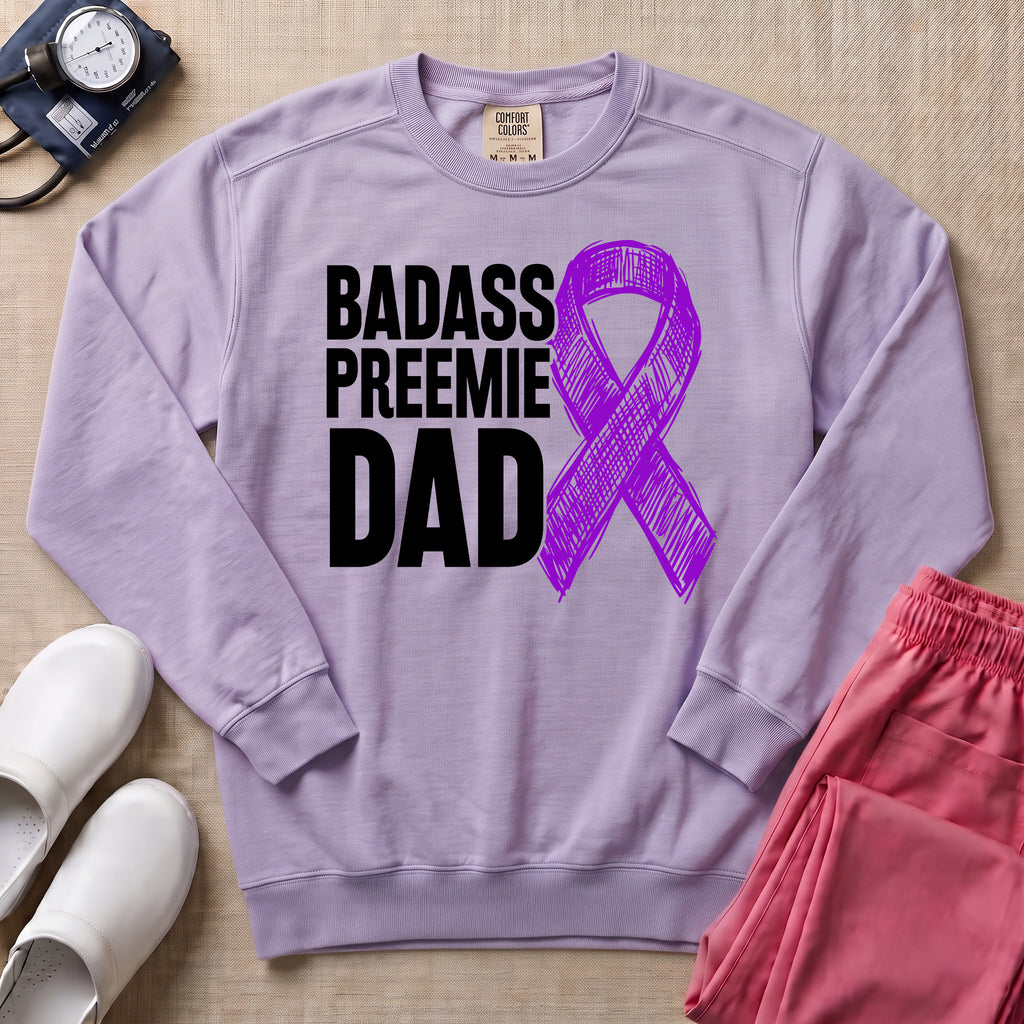 Badass Preemie Dad Purple Ribbon NICU Sweatshirt - Orchid Comfort Colors Sweatshirt | HugTee