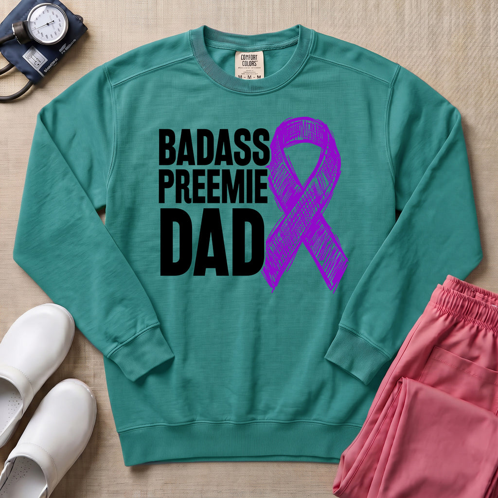 Badass Preemie Dad Purple Ribbon NICU Sweatshirt - Seafoam Comfort Colors Sweatshirt | HugTee