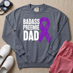 Badass Preemie Dad Purple Ribbon NICU Sweatshirt - Blue Jean Comfort Colors Sweatshirt | HugTee