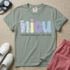 Neonatal Intensive Care Unit NICU nurse t-shirt with boho floral block letters in bay color.