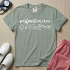 A t-shirt featuring the lowercase text postpartum crew in a cursive script font above a horizontal row of minimalist line-art icons including a baby chick, a pacifier, a baby bottle, a heart-shaped stethoscope, a swaddled baby, baby footprints, and a ribbon bow.