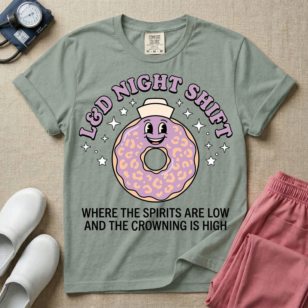 Labor and Delivery L&D night shift nurse t-shirt with a funny retro donut graphic where the spirits are low and the crowning is high in bay color.