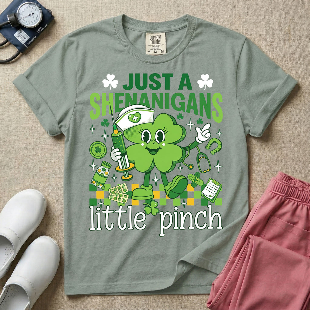 General nursing nurse t-shirt with a retro clover just a shenanigans little pinch graphic in bay color.