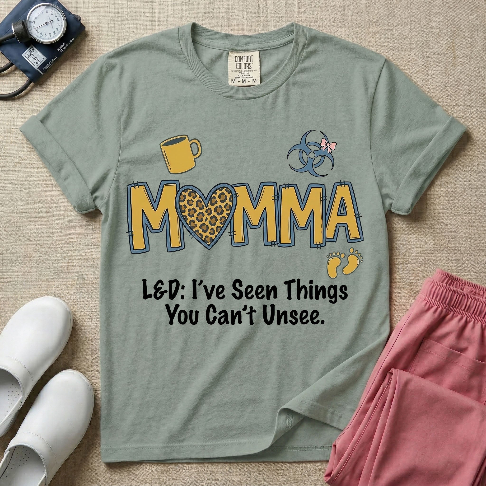 Labor and Delivery L&D nurse t-shirt with leopard print momma text and funny I've seen things you can't unsee graphic in bay color.