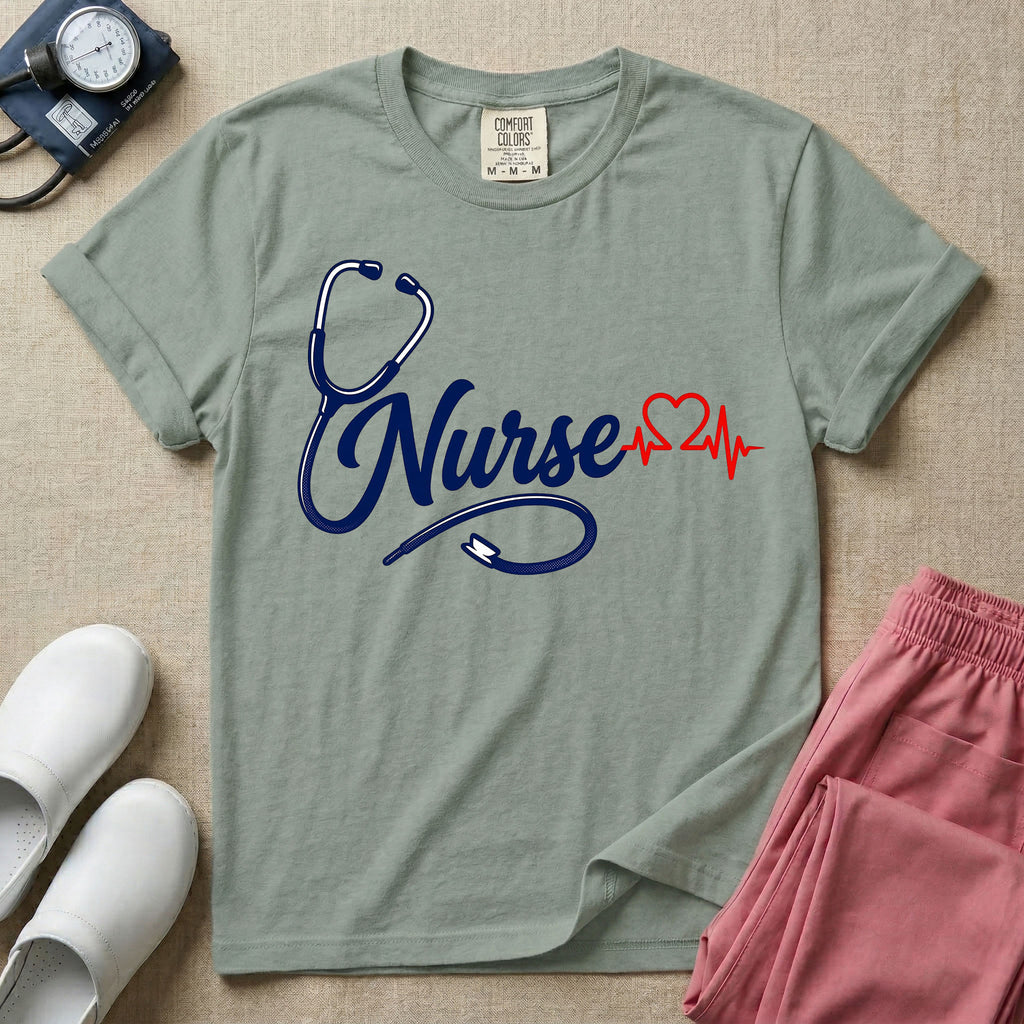 General nursing t-shirt with a minimalist cursive Nurse text integrated with a navy blue stethoscope and a red heartbeat graphic.