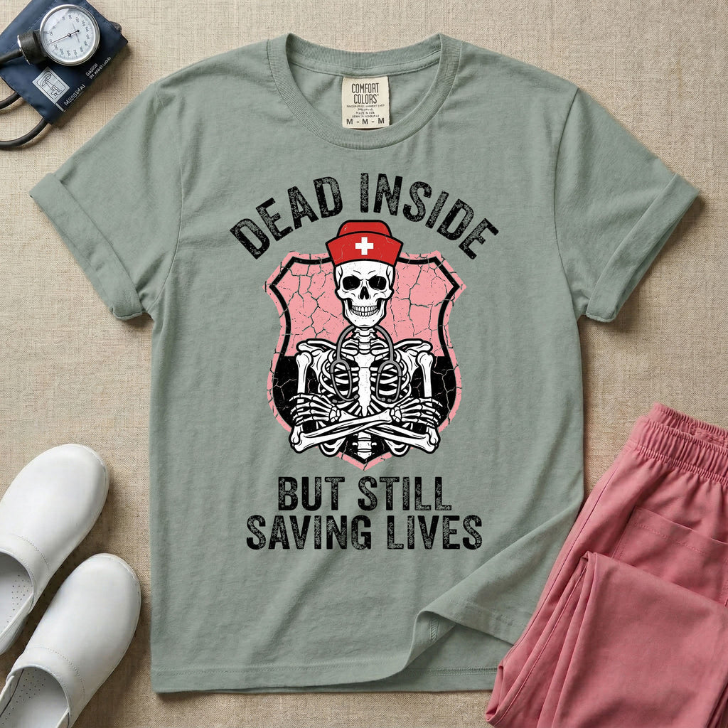General nursing nurse t-shirt with a funny skeleton dead inside but still saving lives graphic in bay color.