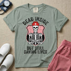 General nursing nurse t-shirt with a funny skeleton dead inside but still saving lives graphic in bay color.