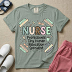 A humorous graphic for labor and delivery, postpartum, and neonatal nurses featuring the word 'NURSE' in large, mismatched patterned letters including leopard print and florals, stacked above the phrase 'Professional Tiny Human Relocation Specialist', and surrounded by cute doodles of decorated bandaids, baby footprints, a rattle, and a coffee mug.