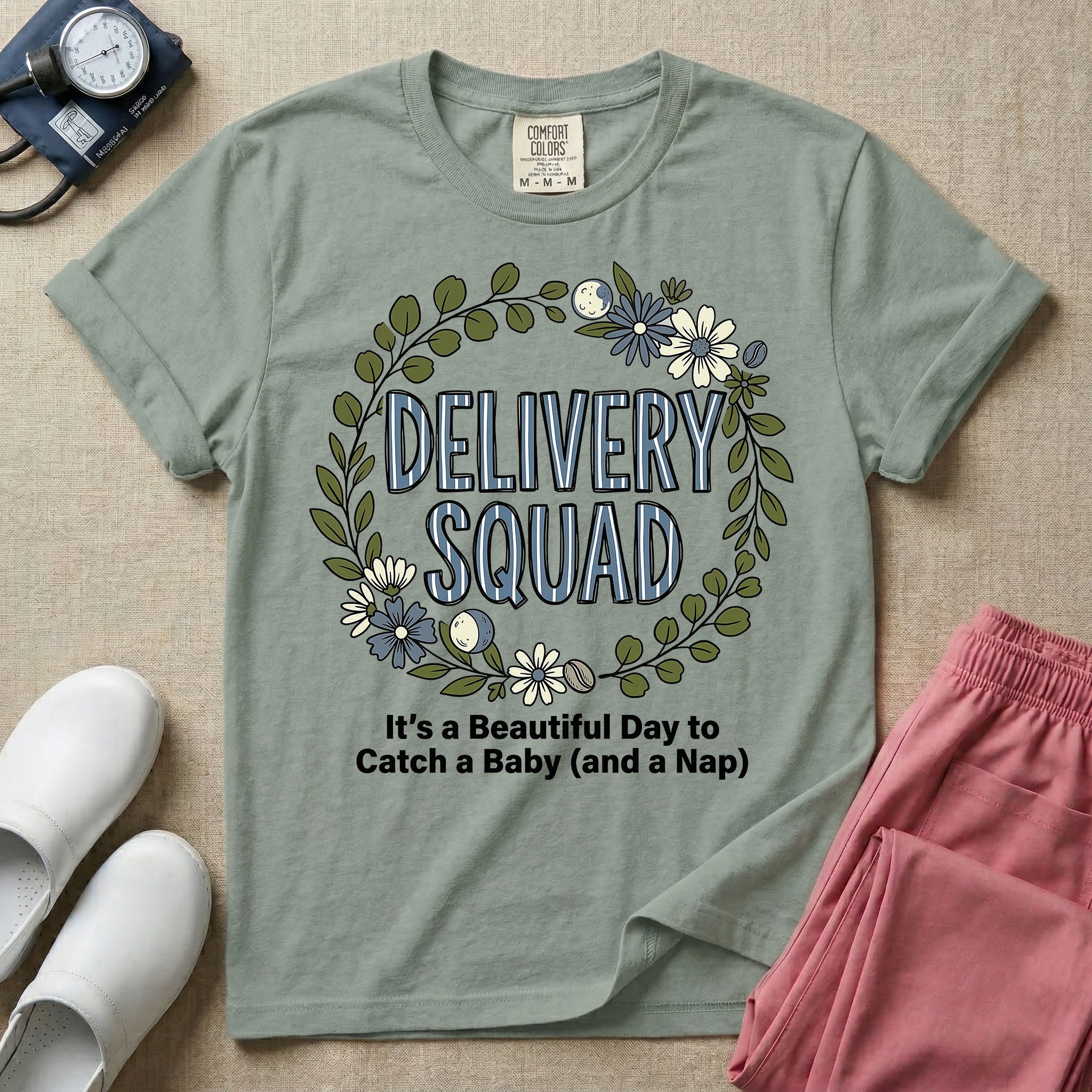 Labor and Delivery L&D nurse t-shirt with a boho floral wreath delivery squad catch a baby and a nap graphic in bay color.
