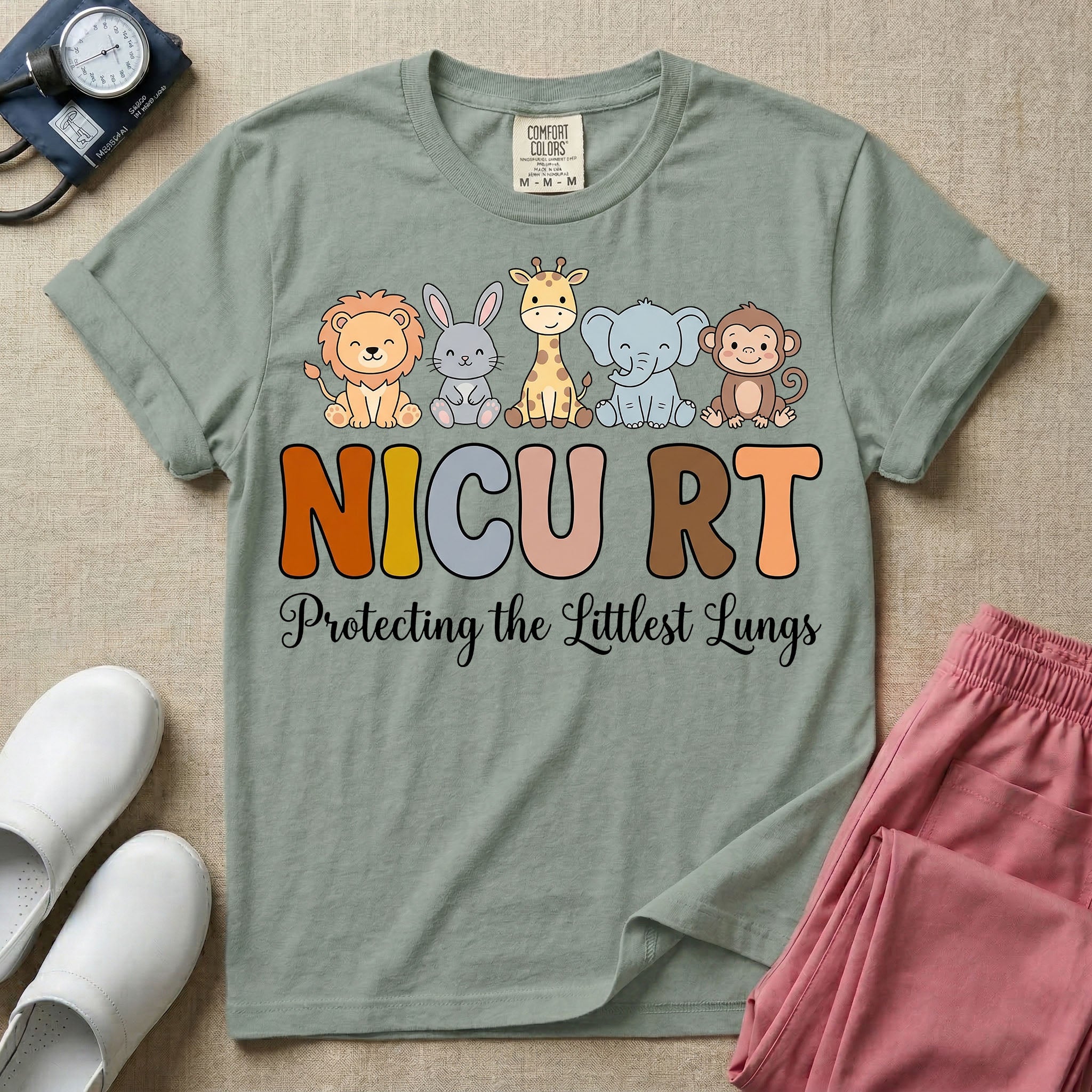 Neonatal Intensive Care Unit NICU RT respiratory therapist t-shirt featuring a row of cute cartoon animals including a lion, bunny, giraffe, elephant, and monkey sitting on the text "NICU RT" positioned above the cursive text "Protecting the Littlest Lungs".