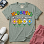A retro-style graphic for a Neonatal Intensive Care Unit featuring the text 'NEONATAL' in colorful, arched bubbly letters above 'INTENSIVE CARE UNIT' and a row of four smiling daisy flowers.