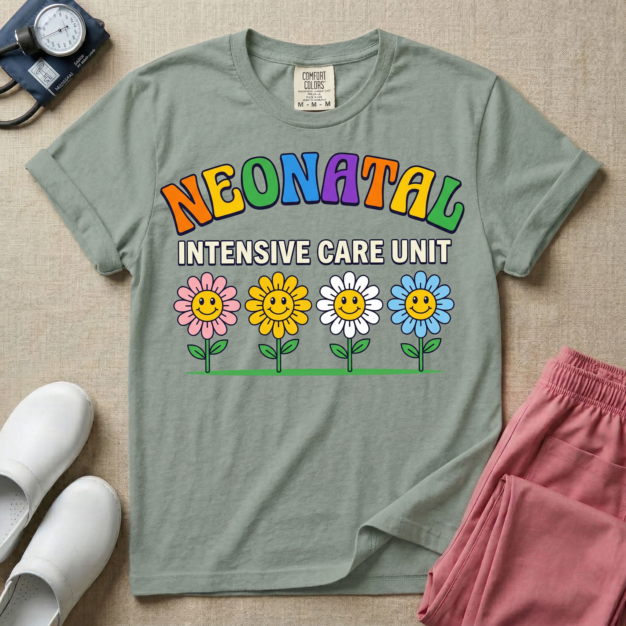 A retro-style graphic for a Neonatal Intensive Care Unit featuring the text 'NEONATAL' in colorful, arched bubbly letters above 'INTENSIVE CARE UNIT' and a row of four smiling daisy flowers.