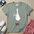 A t-shirt featuring an illustration of a white silly goose wearing a nurse's cap and holding a baby goose swaddled in a blue blanket, with the text NICU printed below.