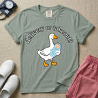 A funny L&D nursing t-shirt featuring a graphic of a white silly goose carrying a baby in a blue swaddle in its beak, surrounded by the humorous arched text "delivery or takeout?".